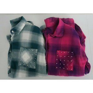 LOT of 2 Wonder Nation Girls Long Sleeve Flannel Button Front Shirt Size L/10-12
